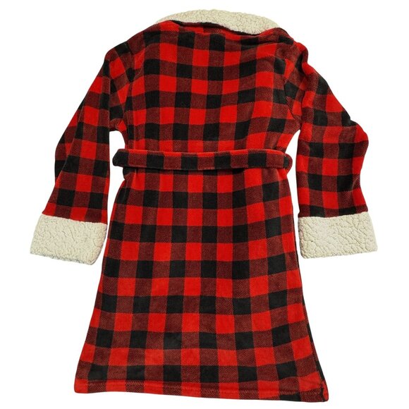 Red Black Buffalo Plaid Sherpa Fleece Robe Womens L Tie Waist Pockets Just Love - Picture 5 of 16